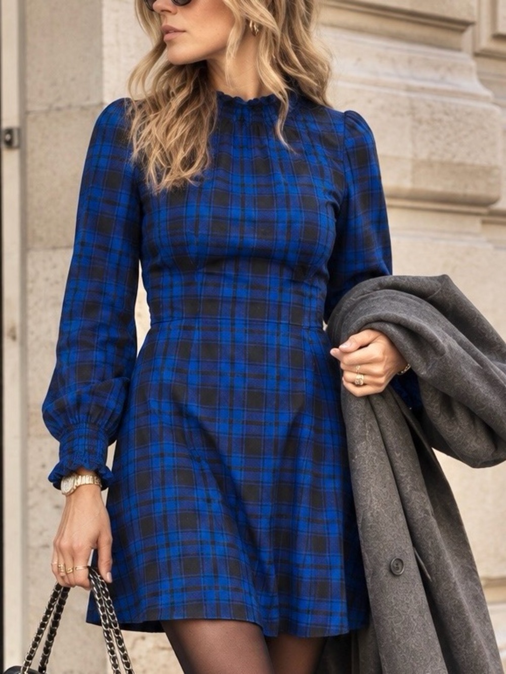 Maje Rivine Cobalt Blue Black Plaid Cotton Mini Dress Size 2
